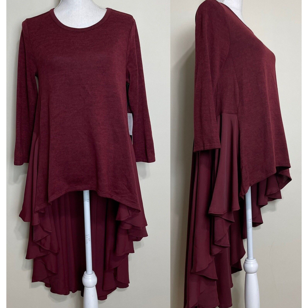 DG2 Diane Gilman Hi-Low Mixed Media Drama Top Blouse Dress WINE /SMALL‎ Maroon